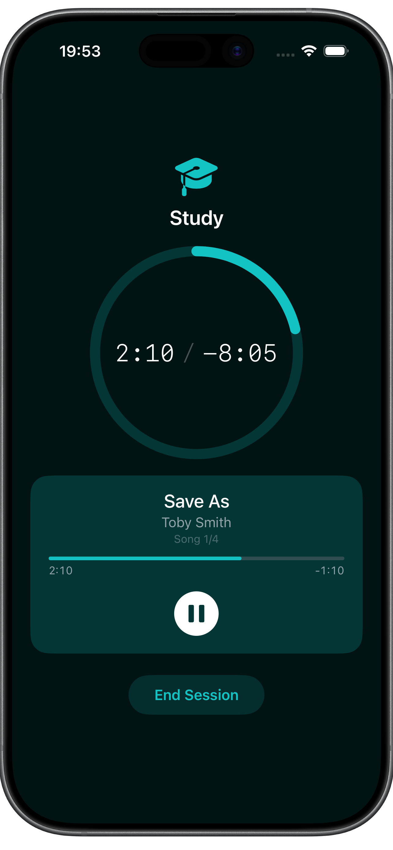 One Song Habits active session — circular progress ring counting down a four-track playlist